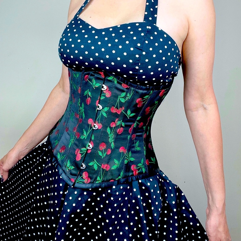 Cherry print waist cincher corset 24 Small steel boned black satin